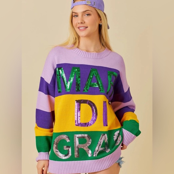 Mardi Gras sequins sweater knit crewneck embroidered pullover sweatshirt top QOS - Picture 8 of 12